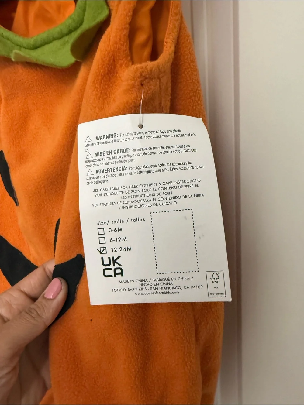 Pottery Barn Kids Orange Pumpkin Jack-O'-Lantern Costume with Green Leaf Trim - Picture 3 of 5